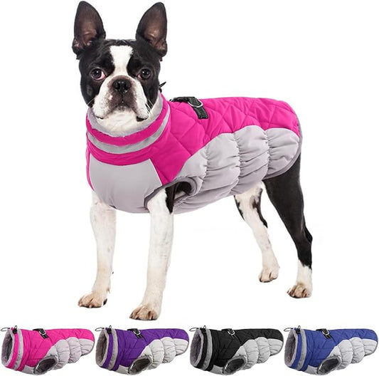 Winter Dog Coat,Large Dog Jacket,Waterproof Pet Jacket with Back Zipper,Pet Coat with Harness Built in,Warm Dogs Coat with Fleece Lined,Snow Jacket Clothes French Bulldog Shiba Inu,Rose Red,L