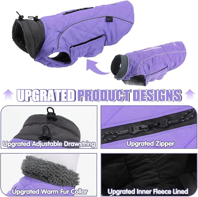 EMUST Winter Coat for Large Dogs, Windproof Dog Jacket for Cold Weather, Extra Warm Pet Winter Clothes for Small Medium Large Dogs, Purple, XXL