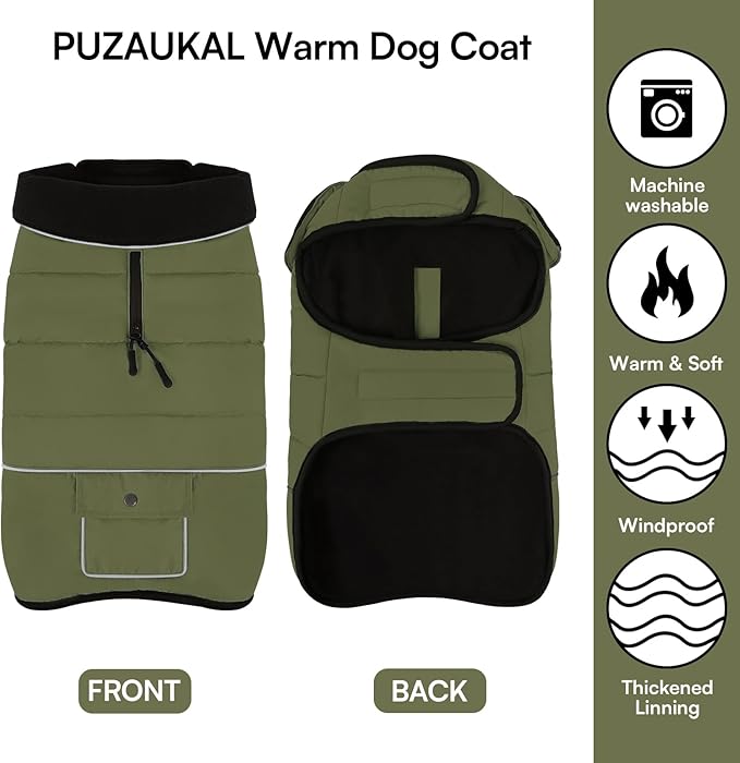 Dog Coat, Large Dog Jacket, Windproof Dogs Puffer Jacket, Fleece Lined Warm Dogs Winter Coat with Harness Hole(Army Green 2XL)