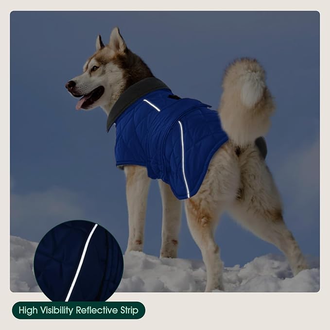 Kuoser Dog Coat, Extra Warm Dog Jacket Windproof Dogs Cold Weather Coats for Large Dogs, Fleece Lining Turtleneck Puppy Snowsuit Reflective Adjustable Pet Winter Clothes Christmas, Blue XL