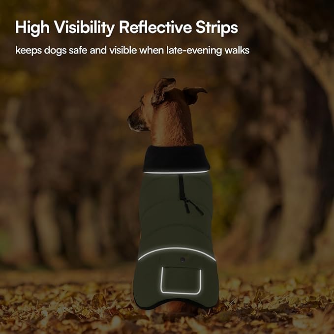 Dog Coat, Large Dog Jacket, Windproof Dogs Puffer Jacket, Fleece Lined Warm Dogs Winter Coat with Harness Hole(Army Green 2XL)