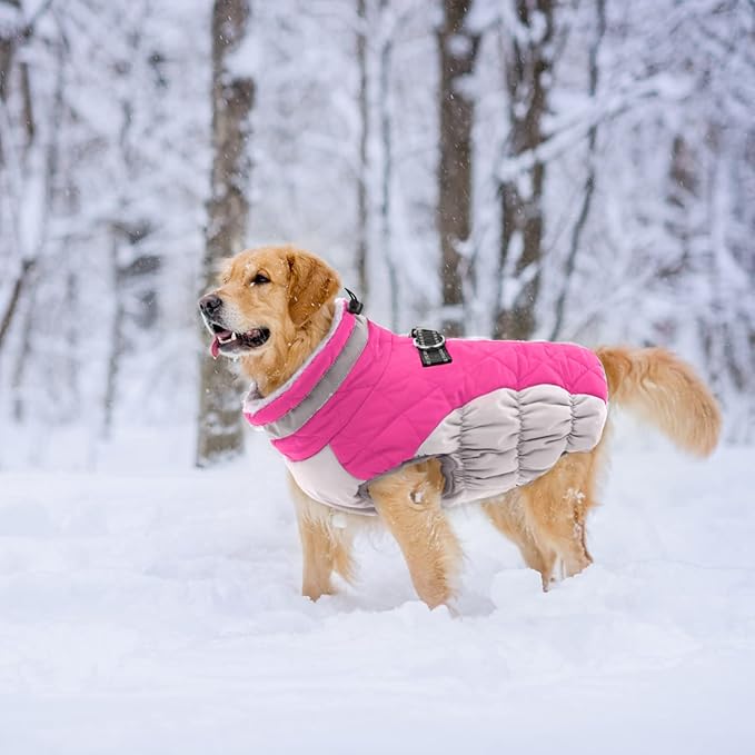 Lelepet Dog Coat Warm Dog Winter Coat Waterproof Dogs Jacket with Harness Built in Reflective Pet Fleece Vest Zip-Up Cold Weather Coats for Large Dogs Turtleneck & Windproof Coats Boxer Rose Red XL
