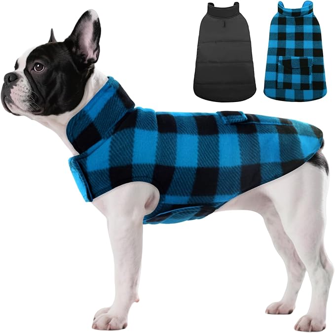 ASENKU Dog Winter Coat, Fleece Doggie Jacket Plaid Reversible Vest Waterproof Windproof Cold Weather Clothes for Small Medium Large Dogs (S, Blue)