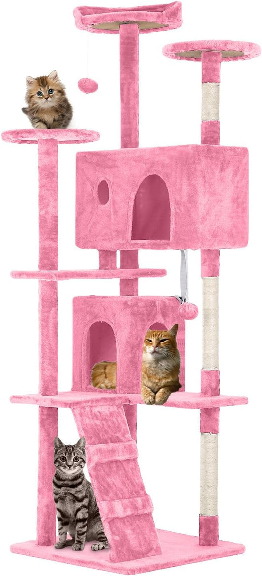 FDW Cat Tree 70in Cat Tower Multi-Level Durable Cat Scratching Post & Cozy Fun Cat Jumping Platform Space Saving Cat Condo Pet Play House for Indoor Cats,Pink