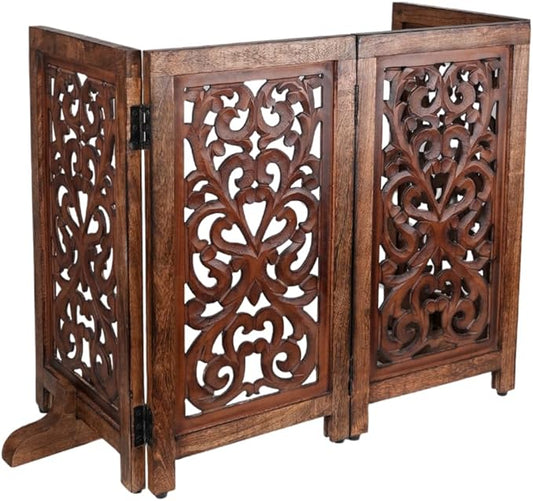 Decorative Wooden Pet Gate, Dog Fence, Cat Gate, Foldable, Adjustable, Portable, Extra-Wide, Wooden Dog Barrier, Free-Standing Puppy Gate 4 Panels for Indoor, Doorways, Stairs-26x52 Inch Burnt Antique