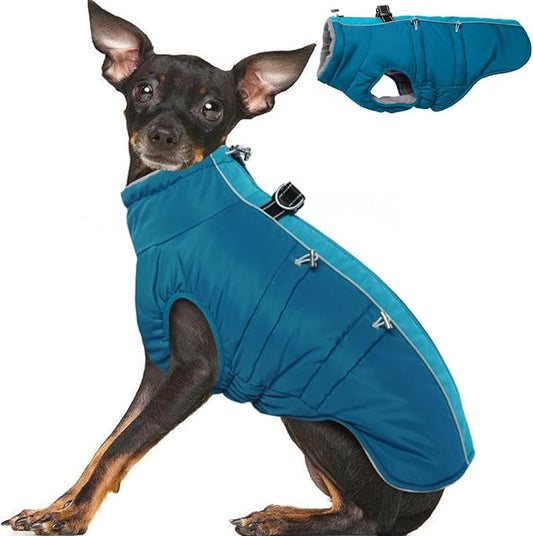 Small Dog Coat - Warm Zip Up Snowsuit Dog Harness Vest, Reflective, Water-Resistant, Green