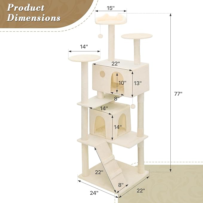 Athena Collection Modern Cat Tree Tower, 77 Inch Tall Cat Tree Climbing Tower with Scratching Post 2 Condo Multi-Level Activity Center and Playing Ball for Indoor Large Adult, Beige