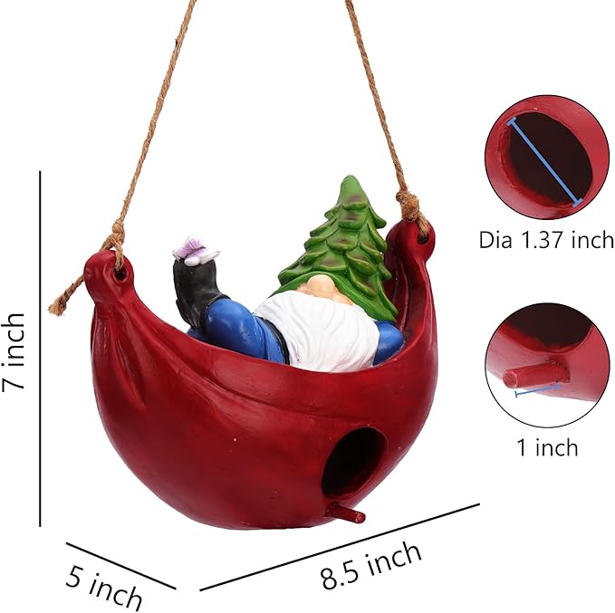 BAYN Bird House for Outside, Hanging Handcrafted Hammock Gnome Resin Outdoor birdhouses Humming Bird, Bluebird, Wren, Camper Hanging Houses nest cage