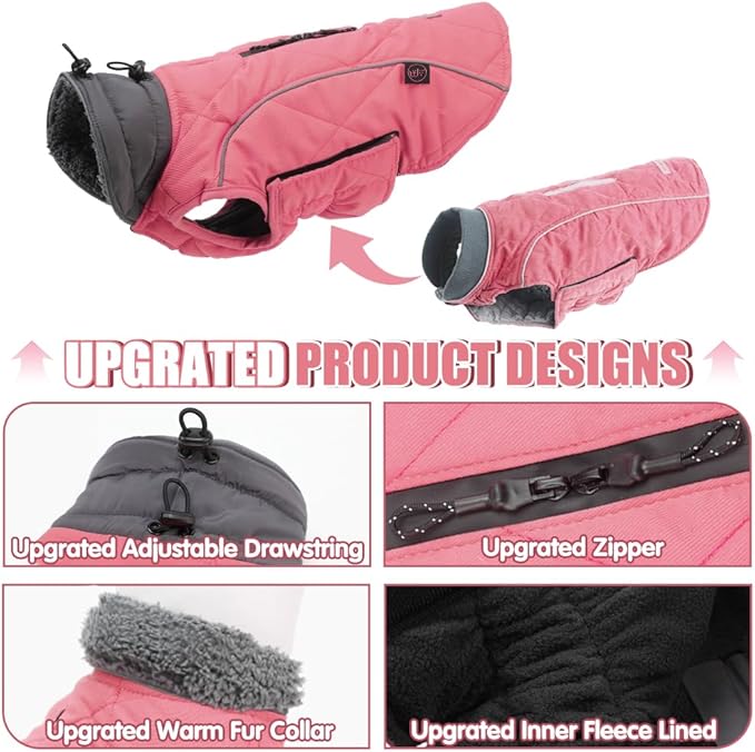 EMUST Winter Coat for Large Dogs, Windproof Dog Jacket for Cold Weather, Extra Warm Dog Winter Clothes for Small Medium Large Dogs, Pink, XXL