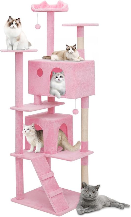Athena Collection Modern Cat Tree Tower, 77 Inch Tall Cat Tree Climbing Tower with Scratching Post 2 Condo Multi-Level Activity Center and Playing Ball for Indoor Large Adult, Pink