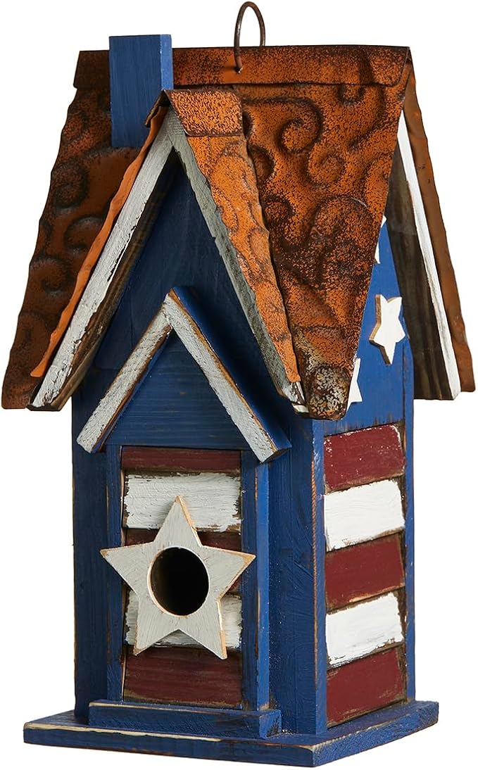 Glitzhome 12.25" H Patriotic Solid Wood Hanging Birdhouse for Outside, Decorative Pet Cottage Villa Distressed Wooden Bird House with 3D Star for Garden Patio Backyard