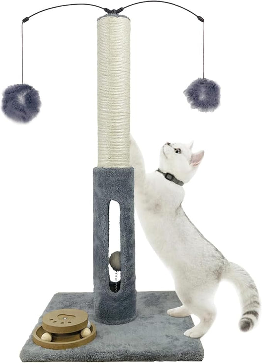 31" Cat Scratching Post Kitten Toys for Indoor Cats Interactive Scratcher with Tracking Ball, Sisal Scratch Rope for Large Cats,Sturdy Base Cat Scratch Post, (Gray, 31" H)