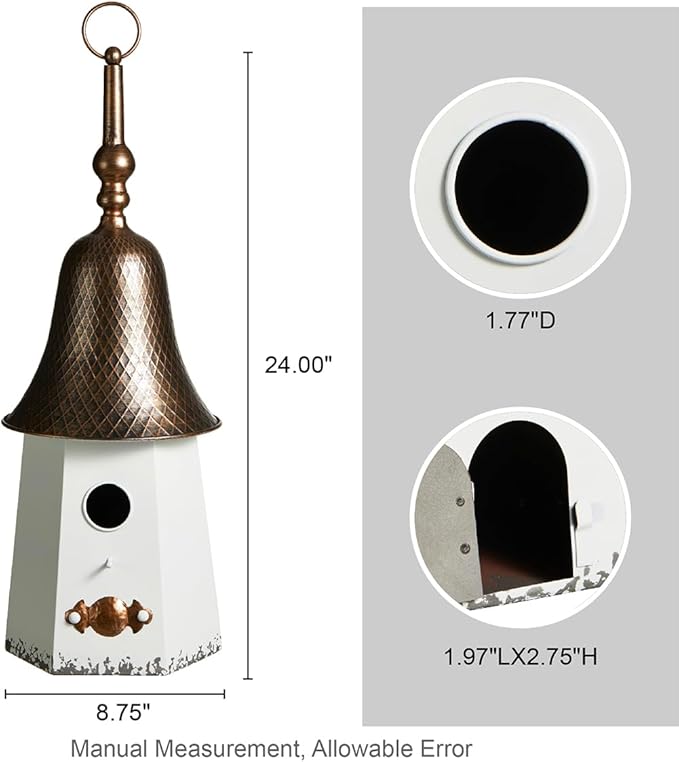 Glitzhome 24" H Metal Hanging Birdhouse for Outdoors, Farmhouse Pagoda Painted Decorative Bird House with Bell Roof for Bluebird Wren Chickadee Sparrow Bird Nest Box for Garden Patio, Washed White