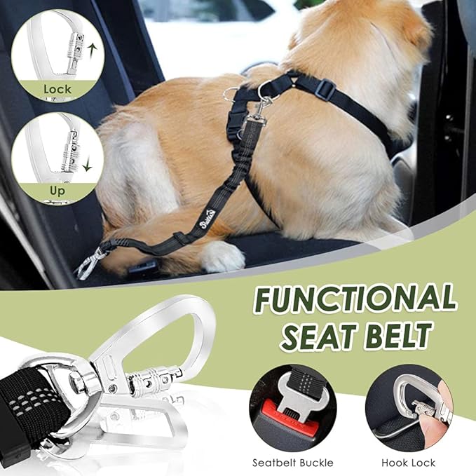 SlowTon Dog Seat Belt Harness for Car, Dog Car Harness Adjustable Mesh Breathable & Dog Seatbelt Safety Tether with Elastic Bungee for Small Medium Large Pets(Black, Double Clip, XXXS)