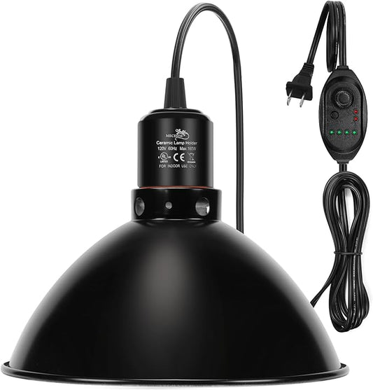 Reptile Light Fixture with Dimming Switch and Timer, 8.5 Inch Deep Dome Reptile Heat Lamp Fixture, Reptile Lamp Fixture Cap for UVB Bulb Basking Heat Bulb for Reptile Glass Terrariums, 1PCS