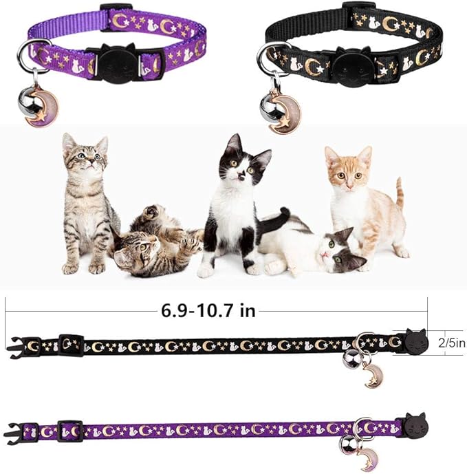 2PCS Breakaway Cat Collars with Bell Moons Stars Cute Kitty Adjustable Safe Kitten Collars with Pendant Glow in The Dark(Black&Purple)