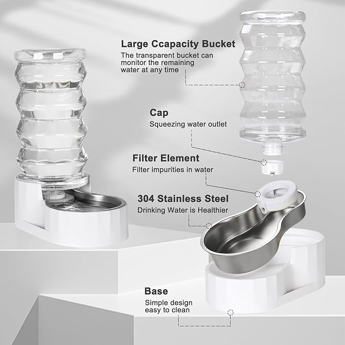 RIZZARI Large Gravity Water Dispenser: 8L Automatic Upgraded Water Feeder with Stainless Steel Bowl - Two Caps and Filters for Pets Indoor/Outdoor Use by Owners