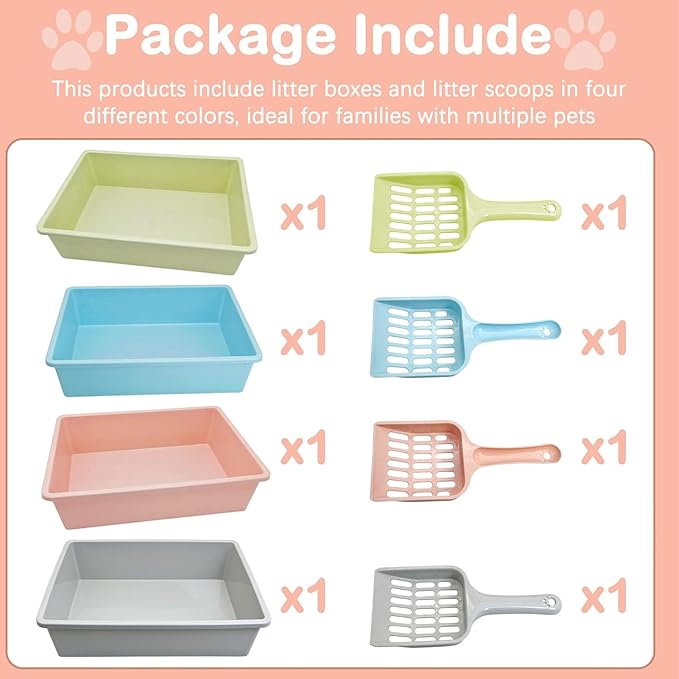 Kathson 4PCS Medium Open Cat Litter Box with Scoop, Durable Non-Stick Plastic Litter Pan for Cats, Puppies, Bunnies, and Small Animals, 15 x 11 x 4 Inches