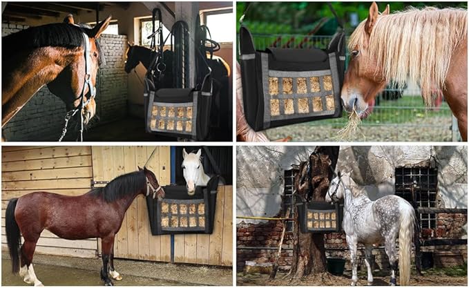 Hay Bags for Horses, 3 Pack Durable Large Capacity Horse Hay Feed Bags with Free Gloves, Slow Feed Hay Feeder for Goats/Sheep/Donkeys, Easy to Hang & Fill with Front Hay Nets Design