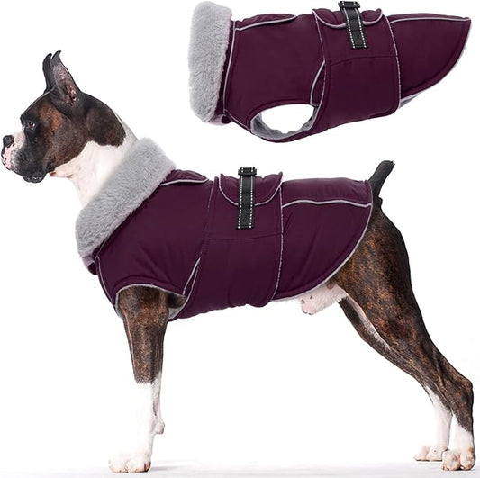 Lelepet Warm Dog Coat Reflective Fleece Vest Waterproof Dog Jacket with Adjustable Buckle Hook & Loop Windproof Cold Weather Coats for Small Medium Large Dogs, Dark Purple, L