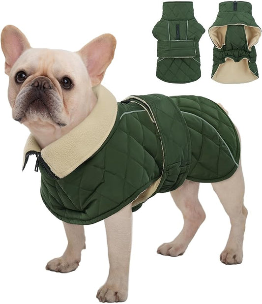 Kuoser Extra Warm Dog Jacket for Medium Dogs, Fleece Lined Dog Turtleneck Snow Suits, Windproof & Reflective Pet Winter Coat Cold Weater Clothes for Dogs, Green M
