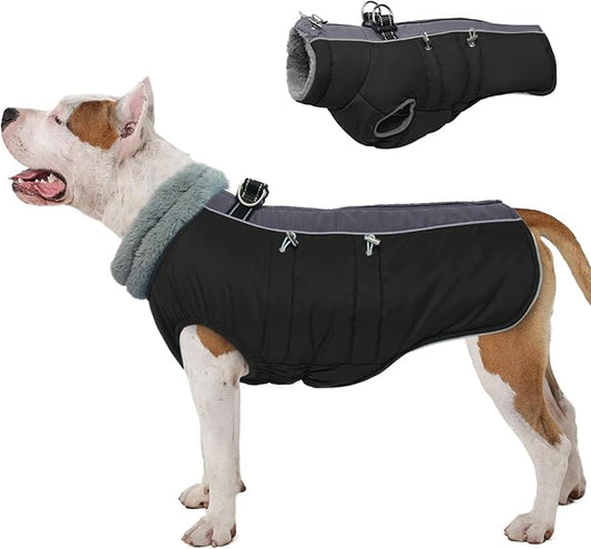 IDOMIK Warm Dog Coat with Harness Built-in, Thick Fleece Dog Winter Jacket with High Collar&Zipper, Waterproof Reflective Dogs Cold Weather Coats for Large Dogs, Pet Snow Jacket Vest(Black,XL)