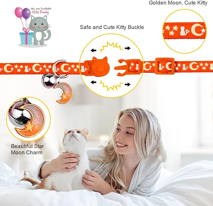2PCS Breakaway Cat Collars with Bell Cute Kitty Glow in The Dark Adjustable Kitten Collars 7.9-13.0 Inch(Orange&Black)