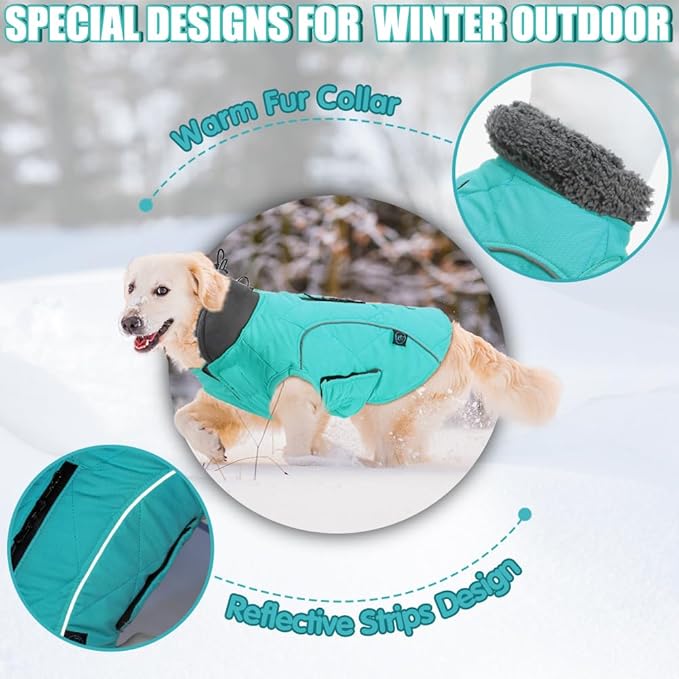 EMUST Winter Dog Coat for Medium Boys - Thick Clothes with Harness Hole for Cold Weather - Turquoise, M