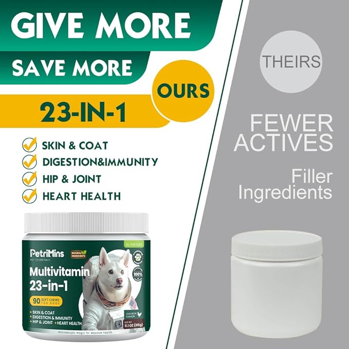 23-in-1 Dog Vitamins Supplements, Multivitamin Treats for Dogs with Glucosamine & Omega-3, Comprehensive Support for Hip & Joint, Digestion, Immune Health, Skin, Heart - 90ct, Chicken