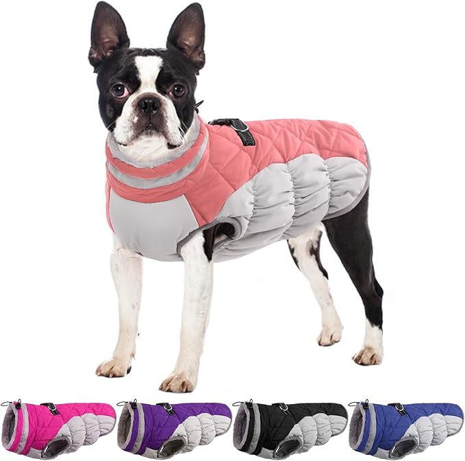 Winter Dog Coat,Large Dog Jacket,Waterproof Pet Jacket with Back Zipper,Pet Coat with Harness Built in,Warm Dogs Coat with Fleece Lined,Snow Jacket Clothes French Bulldog Shiba Inu,Pink,L