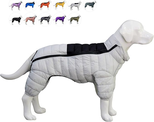 lovelonglong Dog Coat Dog Warm Jacket, 4 Legs Covered Waterproof Windproof Reflective Warm Dog Vest, Zippered Adjustable Outdoor Dog Snow Jacket for Small Medium Large Dogs Off White S