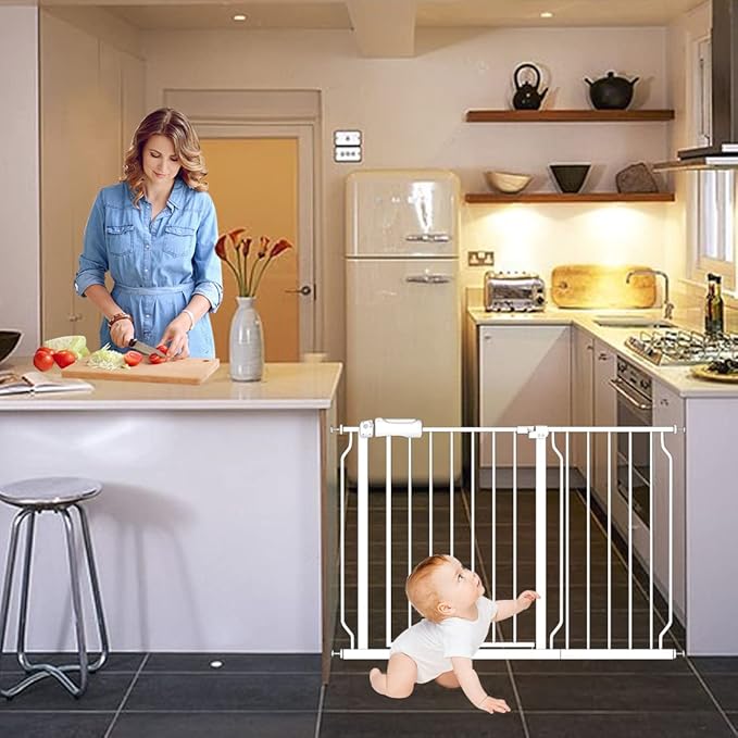 TSAYAWA Walk Through Baby Gate with Door, 43.5-48 Inch Wide Presure Mounted No Drill Metal Auto Close Child Gate for Stair Doorway - Indoor Outdoor Safty Gate for Toddler Dog Doggie, White