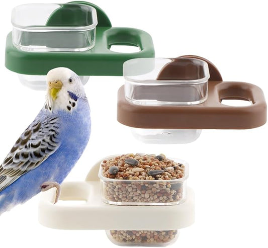 3 Pack Bird Cage Feeder Portable Bird Plastic Feeding Dish Cup Detachable Bowl with Perch for Parakeet Budgies Cockatiel Lovebird Small Birds (Square Cup)
