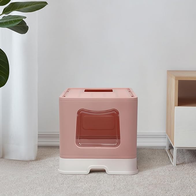 XL Foldable Cat Litter Box with Lid - Jumbo Enclosed Potty - Top Entry Anti-Splashing Toilet - Includes Scoop & 2-in-1 Cleaning Brush (Pink)