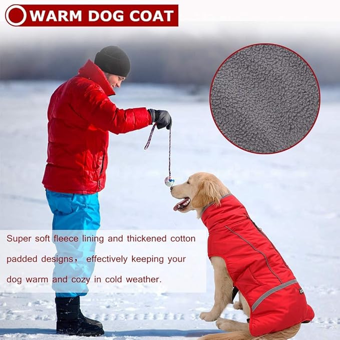 QBLEEV Warm Dog Coat Reflective Dog Jacket, Waterproof Dog Winter Coat Turtleneck Dog Clothes for Cold Weather, Thick Fleece Dog Snowsuit Christmas Dog Vest Pet Apparel for Small Medium Large Dogs 2XL