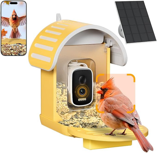 Smart Bird Feeder with Camera, 2.5K UHD Bird Feeder Camera Solar Powerd, Sensitive AI Bird Identification, Instant Alerts Capture Bird Video, IP66 Bird Feeder for Outdoor, Ideal Gift, Yellow