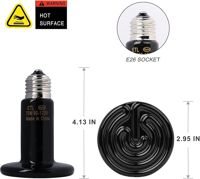 WUHOSTAM 3 Pack 75W Black Ceramic Heat Lamp, Infrared Reptile Heat Emitter Heater Lamp Bulb for Pet Brooder Coop Chicken Lizard Turtle Snake Aquarium ETL Listed