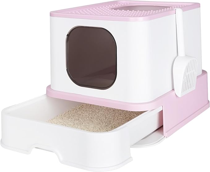 RIZZARI Foldable Cat Litter Box,Cat Box with Drawer, Large Capacity Litter Box with Lid, Top Opening Litter Pan for Small to Big Cats (Pink)