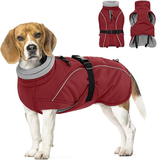 Queenmore Small Dog Coat, Winter Jacket, Waterproof Puffy Snowsuit, Adjustable Reflective Fleece Lining Warm Padding Parka for Cold Weather, Red S