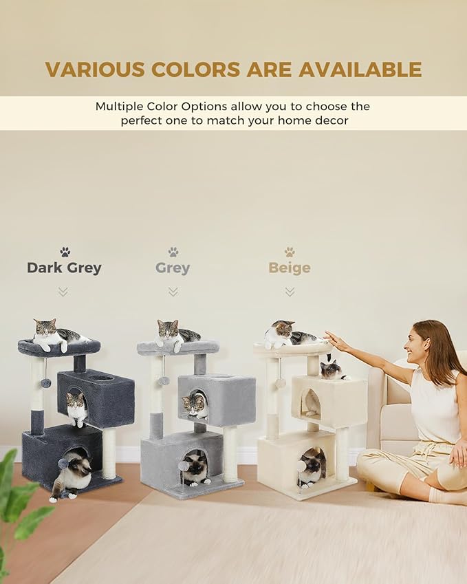 32" Cat Tree Tower for Indoor Cats - 2 Cozy Condos, Multi-Level Cat Scratching Posts with Sisal, Soft Padded Perch, 2 Dangling Toys, Light Grey