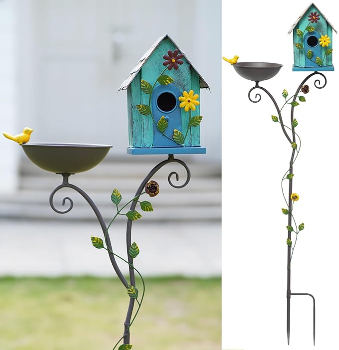 52" H Metal Bird Bath, Bird House for Outdoors, Birdbath Bowl and Birdhouses with Pole for Outside Garden Yard Decoration Bird Feeder Seed Tray