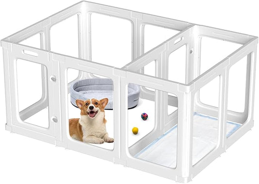 12 PCS Panoramic Clear Acrylic Dog Playpen with 2 Doors, Acrylic Plastic Dog Playpen for Small Dogs Indoor, Unobstructed Dog Fences Indoor Easy to Clean, 23.6" H Portable Medium Cage with Tool-Free
