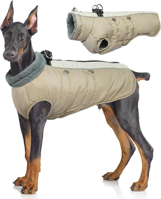 IDOMIK Warm Dog Coat with Harness Built-in, Thick Fleece Dog Winter Jacket with High Collar&Zipper, Waterproof Reflective Dogs Cold Weather Coats for Large Dogs, Pet Snow Jacket Vest(Apricot,2XL)