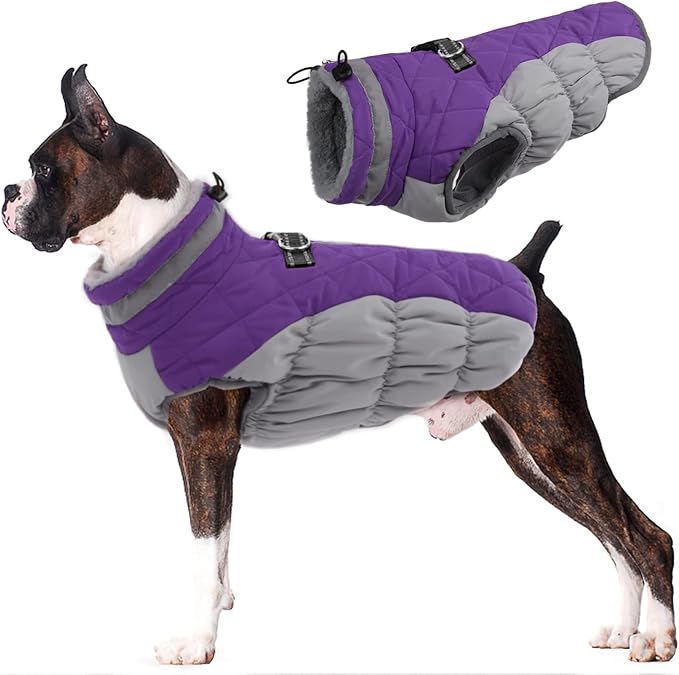 Lelepet Dog Coat Warm Dog Winter Coat Waterproof Dogs Jacket with Harness Built in Reflective Pet Fleece Vest Zip-Up Cold Weather Coats for Large Dogs Turtleneck & Windproof Coats Boxer Purple XL