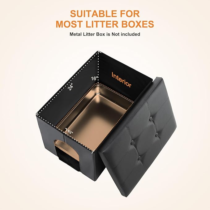 MEEXPAWS Cat Litter Box Enclosure Furniture Hidden, Cat Washroom Bench Storage Cabinet |Large 25.6'' x 17.7'' x 17.7''| Dog Proof | Waterproof Inside/Easy Clean | Easy Assembly | Odor Control(Black)