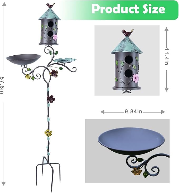 58" H Metal Bird Baths and Bird Houses for Outside with Pole,Birdhouses for Outdoors with Birdfeeder,3-in-1,Garden Yard Decor