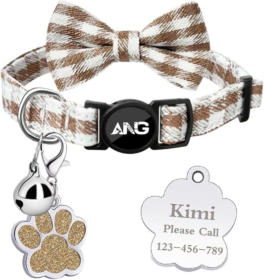 Personalized Breakaway Cat Collars - ID Tag, Bell, Bowtie - Safety Quick-Release, Customized for Girls & Boys Cats (Houndstooth-Brown)