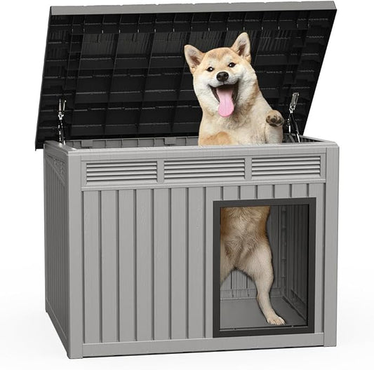 ROJIK Dog House Outdoor Indoor Weatherproof with Removable Roof Raised Base Plate,Pet House Weatherproof for Small Medium Dogs,Easy to Clean and Lightweight(32.2 * 25.12 * 24.13inch,Grey)