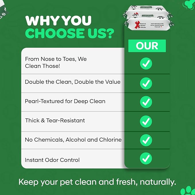 160 Dog Wipes for Paws and Butt | Unscented Dog Wipes Cleaning & Deodorizing | Extra Large, Thick and Chemical Free | Pearl Textured Pet Wipes for Dogs