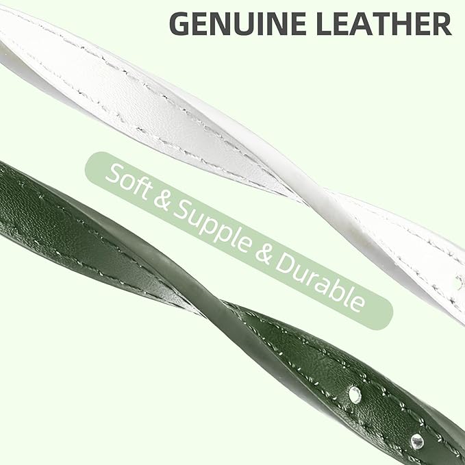 PUPTECK 2 PCS Soft Genuine Leather Cat Kitten Collar with Bells Adjustable for Girl Boy Cats Puppy - White, Deep Green